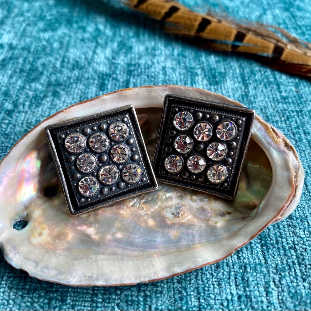 Vintage Rhinestones Square Clip On Earrings